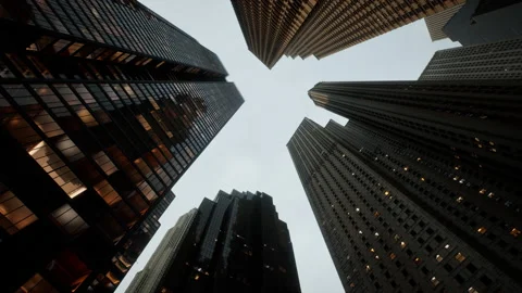 Looking directly up at the skyline of the financial district Stock Footage 229853693