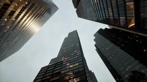 Looking directly up at the skyline of the financial district Ilustración de archivo