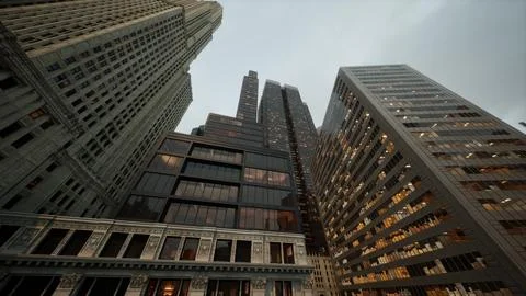 Looking directly up at the skyline of the financial district Ilustración de archivo