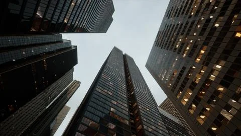 Looking directly up at the skyline of the financial district Ilustración de archivo