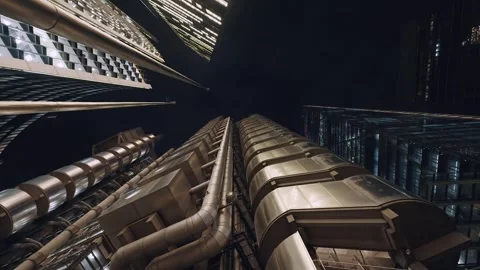 Looking directly up at Tower 1 of the Lloyds building slow move Stock Footage 297189598