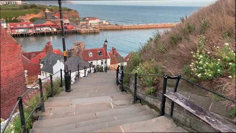 Looking down the 199 steps at Whitby Yorkshire England Stock Footage 219220727