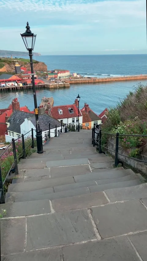 Looking down the 199 steps at Whitby Yorkshire England Stock Footage 219940893
