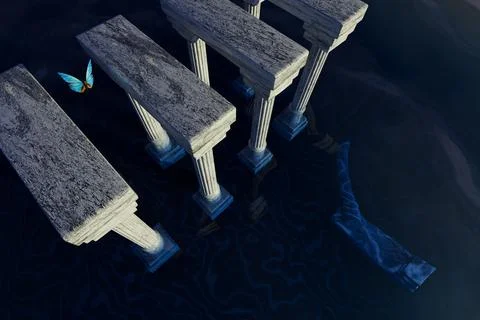 Looking down at 3d rendered stone pillars in shallow water Stock Illustration