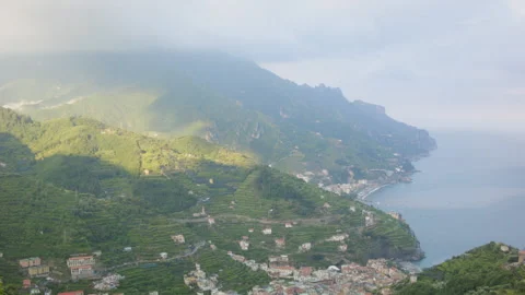 Looking down Amalfi Coast in the evening from Ravello Italy Stock Footage 136396149