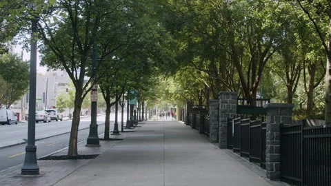 Looking Down Atlanta Sidewalk By Park Downtown 4K 48FPS SLO-MO Stock Footage 270448762