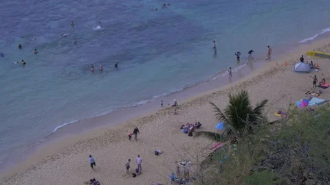 Looking Down On Beach In Hanauma Bay Nature Preserve In Honolulu, Hawaii Stock Footage 154299145