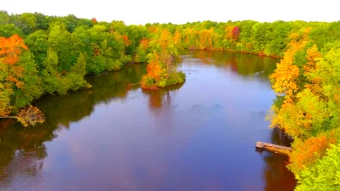 Looking down on blue river through forest of breathtaking Autumn colors Stock Footage 139818572