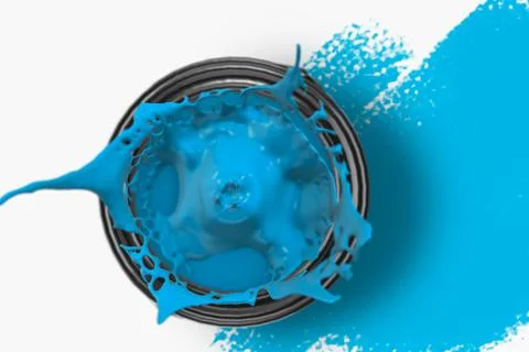 Looking down onto a blue tin of splashing paint 3d render Ilustração Stock