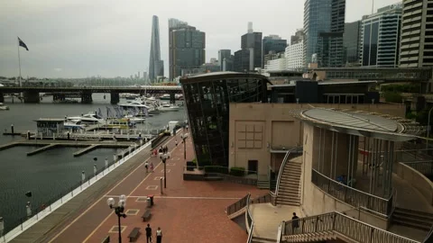 Looking down on the boardwalk at Darling Harbour in Sydney 6K Stock Footage 301674823