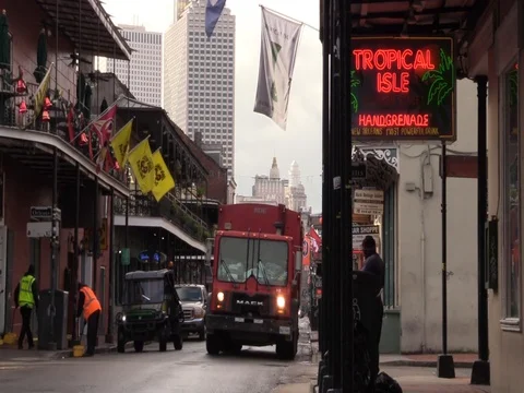 Looking down Bourbon Street - Trash Truck - 2 versions Stock Footage 80595548