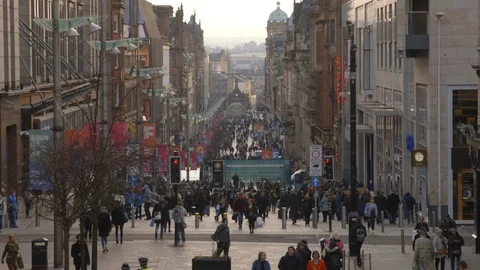 Looking Down Buchanan Street Glasgow Mid Afternoon Sun Police BMW i3 Stock-Footage 86356741