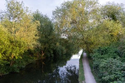 Looking down at canal and towpath Stock Photos