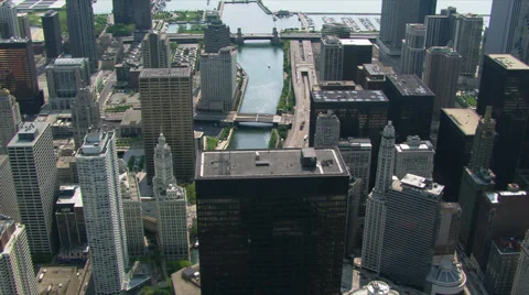 Looking down at the Chicago River among skyscrapers. Shot in 2003. Stock Footage 59438469