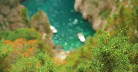Looking down a cliff at blurred boats in a turquoise bay on summer trip in Capri Stock Footage 311573904