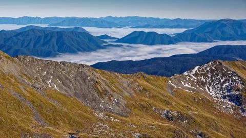 Looking down on clouds, Nelson Lakes National Park, New Zealand. Stock Photos