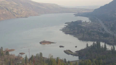 Looking Down the Columbia River Gorge from Rowena Crest on Grey Winter Day Stock Footage 146204267