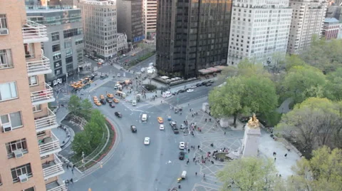 Looking Down at Columbus Circle and Trump Tower from Central Park South Stock Footage 53886217