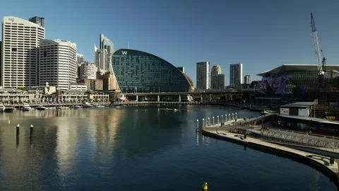 Looking down at Darling Harbour and major building work in 2025 6K Stock Footage 300934495