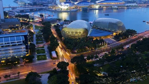 Looking Down on Esplanade Theatres and Marina Bay in Singapore from Day to Night Video stock 76505138