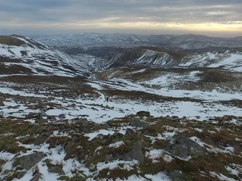 Looking down Glas Allt from rim of Corrie of Lochnagar Video stock 83098471