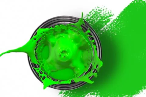 Looking down onto a green tin of splashing paint 3d render Ilustração Stock