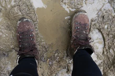 Looking down at hiking boots 写真素材