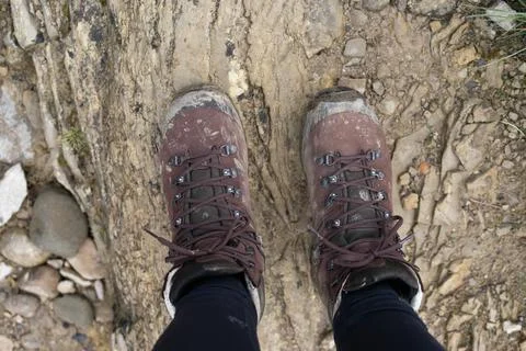 Looking down at hiking boots 写真素材