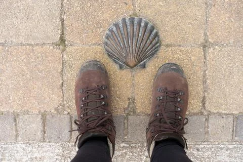 Looking down at hiking boots 写真素材