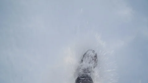 Looking down at men's feet walking through deep snow, in boots and jeans. slow Stock Footage 101094867