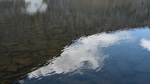 Looking down into a mountain lake with gentle waves reflecting white clouds and Stock Footage 333074856