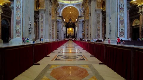 Looking down the nave of St Peter's Basilica in Vatican City, slow rise and push Stock Footage 159981142