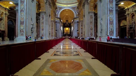Looking down the nave of St Peter's Basilica in Vatican City, slow rise Stock Footage 159981186