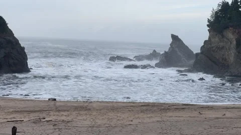 Looking down on an Oregon Coast beach with a seastack Stock Footage 329448829
