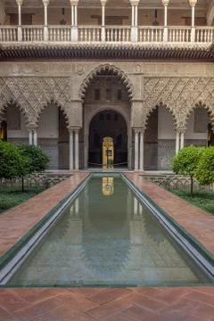 Looking down of the ornamental ponds inside the Royal Alcazar Complex Seville Stock Photos