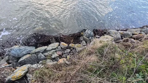 Looking down over coastal mesh and rock flood prevention barrier Stock Footage 325659881