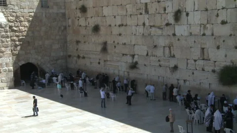 Looking Down Over Jewish Men Praying At The Wailing Temple Wall At Noon Stock-Footage 238651012