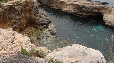 Looking down over rocks, plants and sea ripples Video stock 37531688