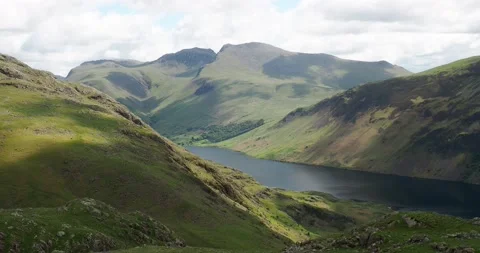 Looking down over Wastwater to Scafell and Scafell Pike (Englands highest mou Stock Footage 240427865