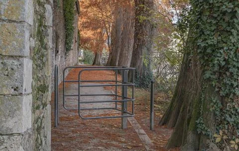Looking down a pathway in autumn at a gate for a wheelchair access Stock Photos