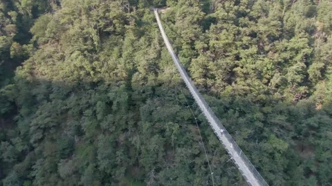 Looking down at people on suspension bridge over valley in Switzerland mountains Stock Footage 282980473
