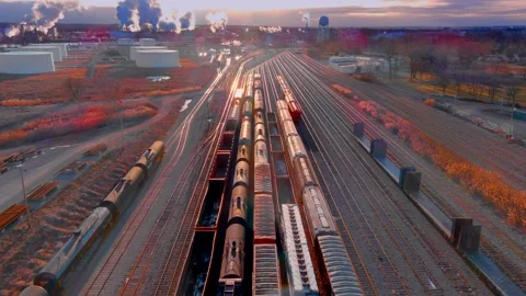 Looking down on railroad rail yard, many trains, tracks Stock Footage 145880535