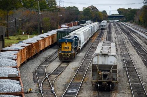 Looking down on a railroad yard. Stock Photos