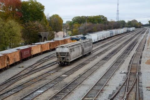 Looking down on a railroad yard. Stock Photos
