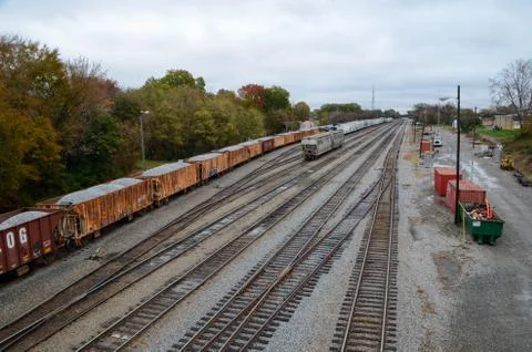Looking down on a railroad yard. Stock Photos