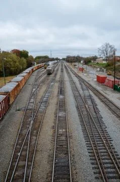 Looking down on a railroad yard. Stock Photos