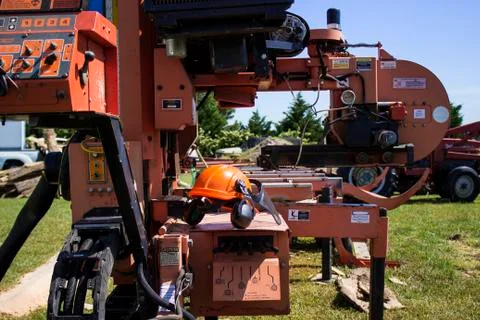 Looking down rails of portable sawmill rear angle 스톡 사진