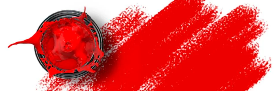 Looking down onto a red tin of splashing paint 3d render Stock-Illustration