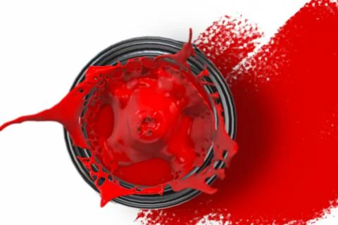 Looking down onto a red tin of splashing paint 3d render Stock-Illustration