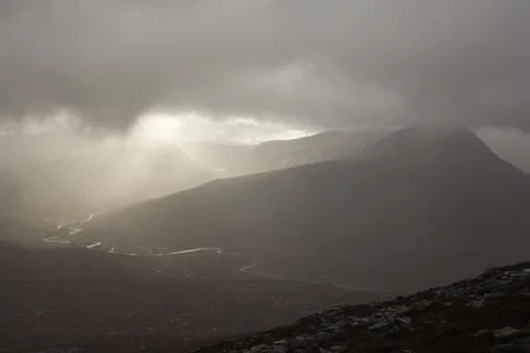 Looking down on the remote Strath na Sealga, and Beinn Dearg Mor from An Teal Stock Photos